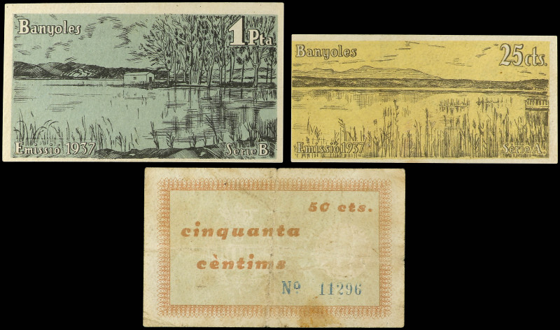 Lote 3 billetes 25, 50 Cèntims y 1 Pesseta. Emissió 1937 y 17 Agost 1937. Aj. de...