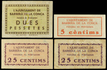 Lote 4 billetes 5, 25 Cèntims (2) y 2 Pessetes. Aj. de BARBERÀ DE LA CONCA. A EXAMINAR. ESCASOS. AT-298, 300, 300a, 301. MBC- a EBC.