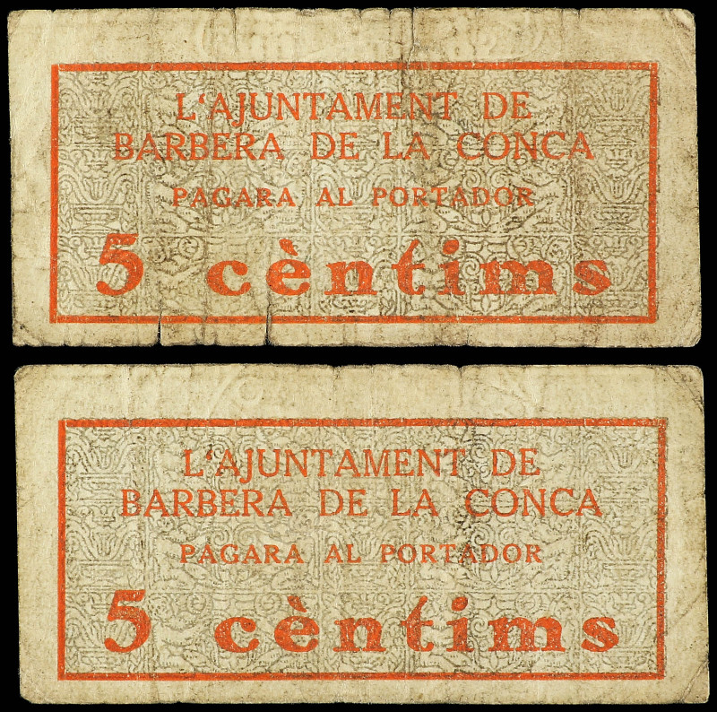 Lote 2 billetes 5 Cèntims. Aj. de BARBERÀ DE LA CONCA. Sucios. Numeraciones 0000...