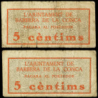 Lote 2 billetes 5 Cèntims. Aj. de BARBERÀ DE LA CONCA. Sucios. Numeraciones 000004 y 000007. AT-301. MBC-.