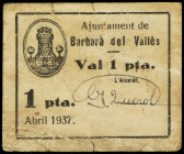 1 Pesseta. Abril 1937. Aj. de BARBERA DEL VALLES. (Algo sucio, pequeñas roturas). MUY ESCASO. AT-302. MBC-.