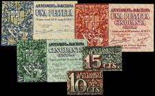 Lote 5 billetes 10, 15, 50 Cèntims, 1 Pesseta y 1, 50 Pessetes. Aj. de BARCELONA. AT-303/07; RGH-6520/24. SC- a SC.