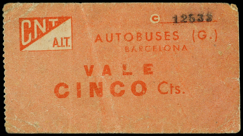 5 Céntimos. C.N.T.-A.I.T. AUTOBUSES (G.). BARCELONA. RGH-6544. MBC+.