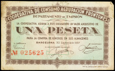 1 Peseta. 30 Septiembre 193. COOPERATIVA DE CONSUMO AGRUPACIÓN FRONTONES. BARCELONA. (Algo sucio). L-1114; RGH-6678. MBC+.