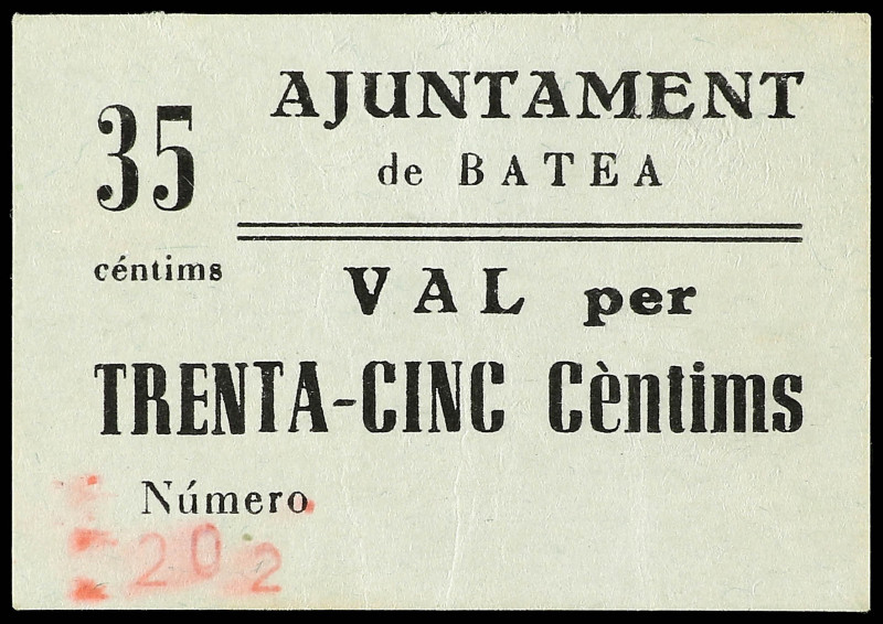 35 Cèntims. Aj. de BATEA. Sin sello tampón. ESCASO. AT-328. MBC+.