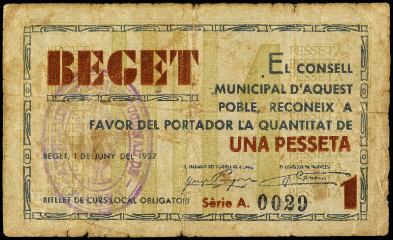 50 Cèntims. 1 Juny 1937. C.M. de BEGET. (Roturas). RARO. AT-333. BC+.