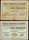 Lote 2 billetes 1 Pesseta. 15 Julio y 16 Setembre 1937. C.M. de BEGUDÀ. A EXAMINAR. AT-336, 338. BC+ a MBC.