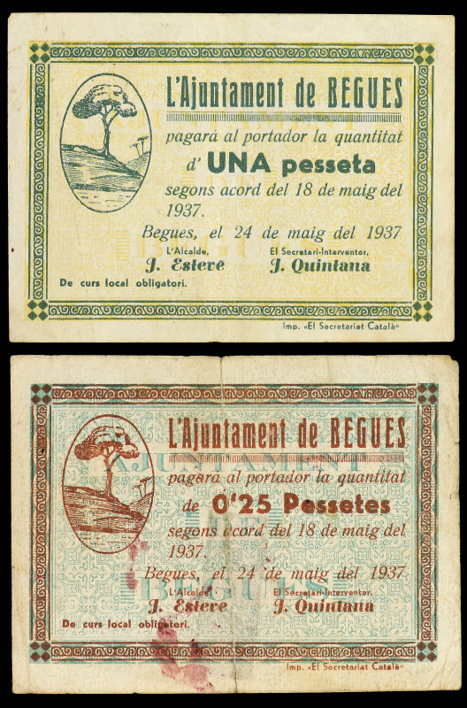 Lote 2 billetes 0, 25 y 1 Pesseta. 24 Maig 1937. Aj. de BEGUES. (El de 0, 25 pes...