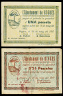 Lote 2 billetes 0, 25 y 1 Pesseta. 24 Maig 1937. Aj. de BEGUES. (El de 0, 25 pessetes con toturas). AT-340, 342; RGH-6935, 6937. MBC- y MBC+.