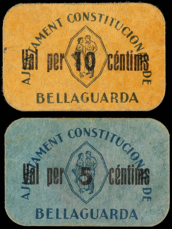 Lote 2 billetes 5 y 10 Cèntims. Aj. de BELLAGUARDA. Cartón. A EXAMINAR. AT-356, ...