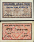 Lote 2 billetes 0, 25 y 1 Pesseta. Octubre 1937. C.M. de BELLCAIRE D´ EMPORDÀ. A EXAMINAR. AT-362, 363. MBC a EBC.