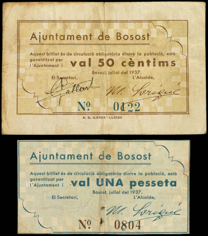 Lote 3 billetes 50 Cèntims y 1 Pesseta. Juliol 1937. Aj. de BOSOST. (1 Pesseta r...