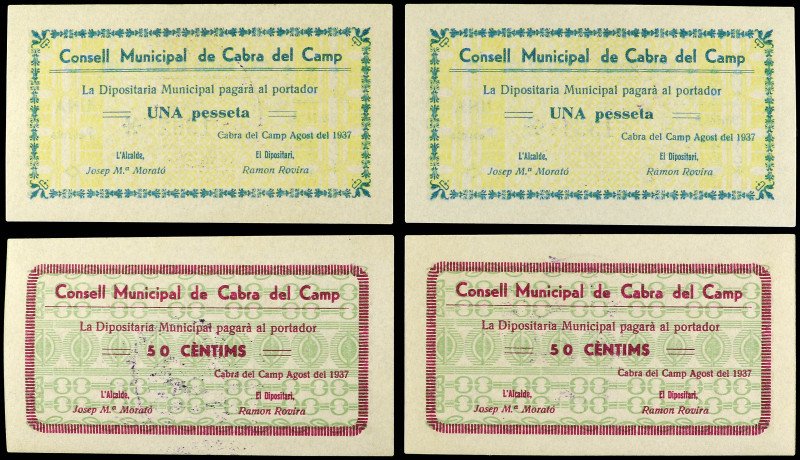 Lote 4 billetes 50 Cèntims (2) y 1 Pesseta (2). C.M. de CABRA DEL CAMP. Parejas ...