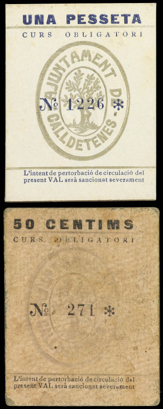 Lote 2 billetes 50 Cèntims y 1 Pesseta. Aj. de CALLDETENES. Cartón. AT-606/7. MB...