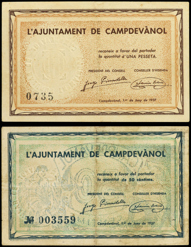 Lote 2 billetes 50 Cèntims y 1 Pesseta. Juny 1937. Aj. de CAMPDEVÀNOL. AT-624/25...