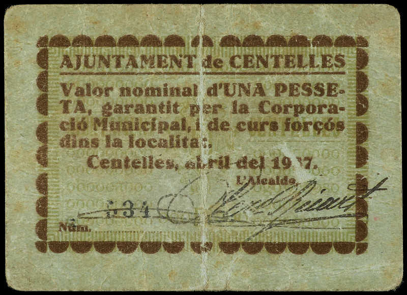 1 Pesseta. Abril 1937. Aj. de CENTELLES. AT-802. MBC.