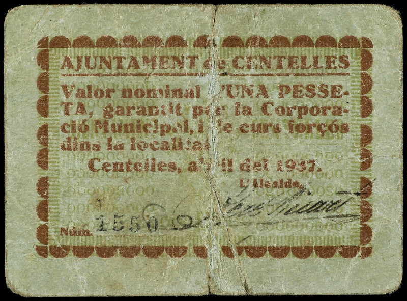 1 Pesseta. Abril 1937. Aj. de CENTELLES. (Roturas). RARO. AT-802. MBC-.