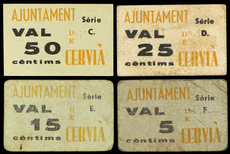 Lote 4 billetes 5, 15, 25 y 50 Cèntims. Aj. de CERVIÀ DE LES GARRIGUES. A EXAMIN...