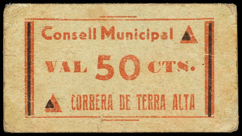 50 Cèntims. C.M. de CORBERA DE TERRA ALTA. Cartón. RARO. AT-882. MBC+.