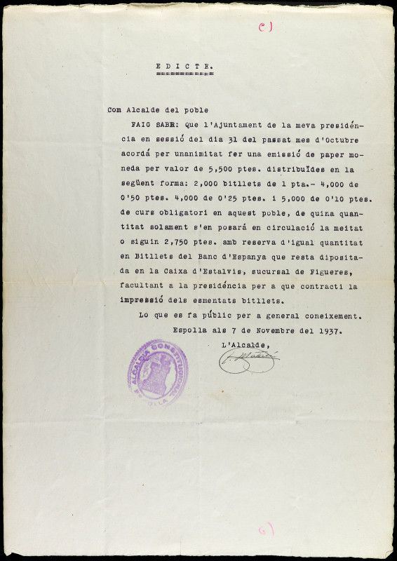 Lote 2 edictos. 7 y 16 Novembre 1937. Aj. d´ESPOLLA. Edictos oficiales emitidos ...