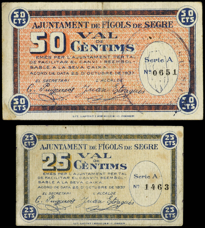 Lote 2 billetes 25 y 50 Cèntims. 25 Octubre 1937. Aj. de FÍGOLS DE SEGRE. (El de...