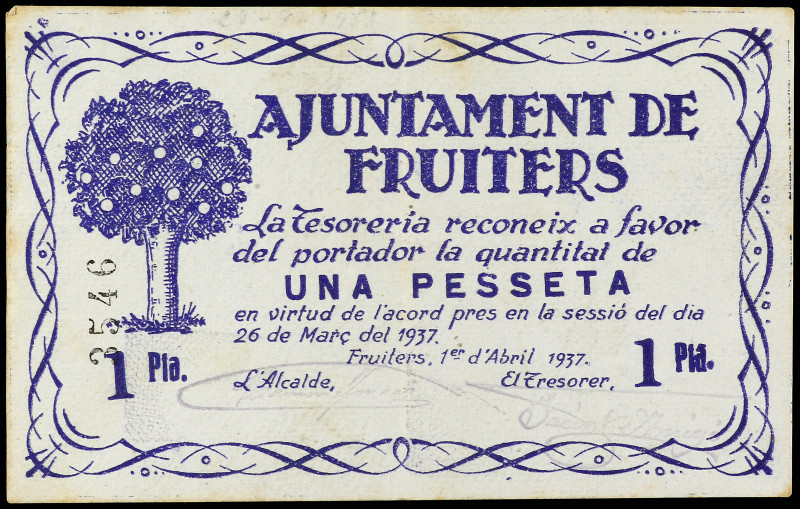 1 Pesseta. 1 Abril 1937. Aj. de FRUITERS. (Leves manchitas del tiempo). MUY ESCA...