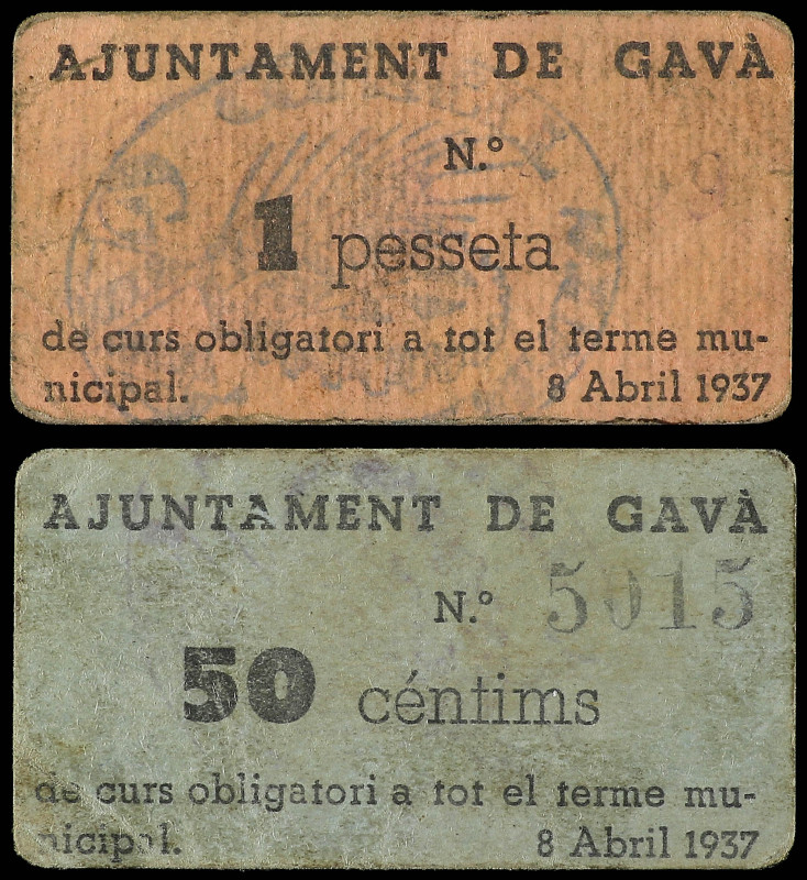 Lote 2 billetes 50 Cèntims y 1 Pesseta. Aj. de GAVÀ. Cartón. Serie completa. AT-...