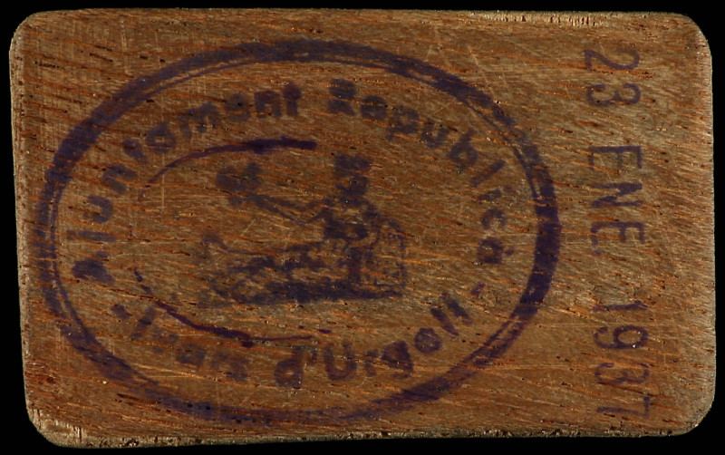 1 Pesseta. 23 Gener 1937. Aj. Republicà d´IVARS D´ URGELL. Madera rectangular. A...