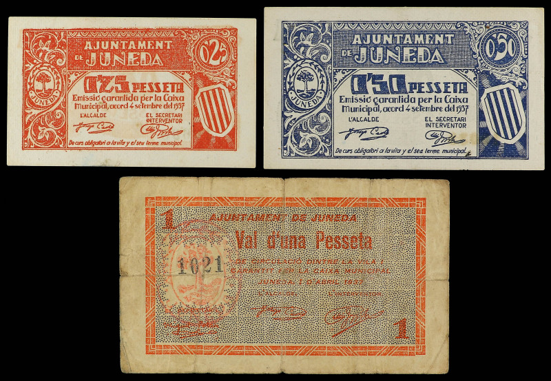 Lote 3 billetes 0, 25, 0, 50, 1 Pesseta. Abril y Setembre 1937. Aj. de JUNEDA. A...