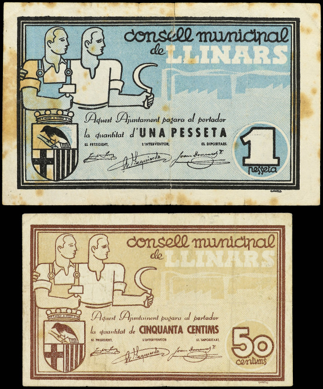 Lote 2 billetes 50 Cèntims y 1 Pesseta. Juny 1937. C.M. de LLINARS. (Manchas). A...