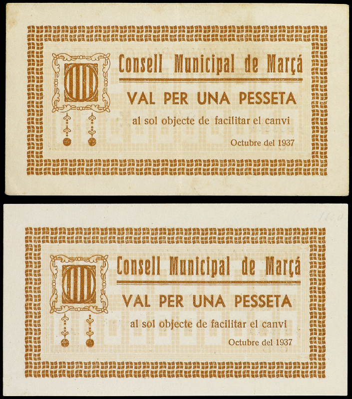 Lote 2 billetes 1 Pesseta. Octubre 1937. C.M. de MARÇÀ. AT-1430b y 1430c. MBC+ a...