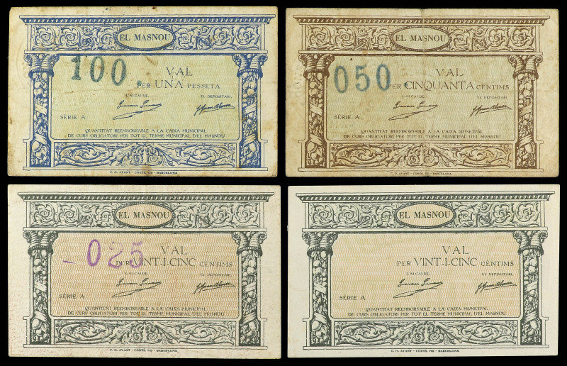 Lote 4 billetes 25 (2), 50 Cèntims y 1 Pesseta. C.M. d´ EL MASNOU. AT-1466b, 146...