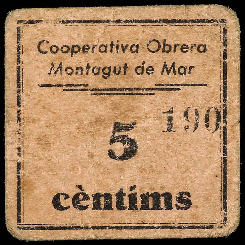 5 Cèntims. COOPERATIVA OBRERA MONTAGUT de MAR. MUY RARO. L-474; RGH-8741. MBC.