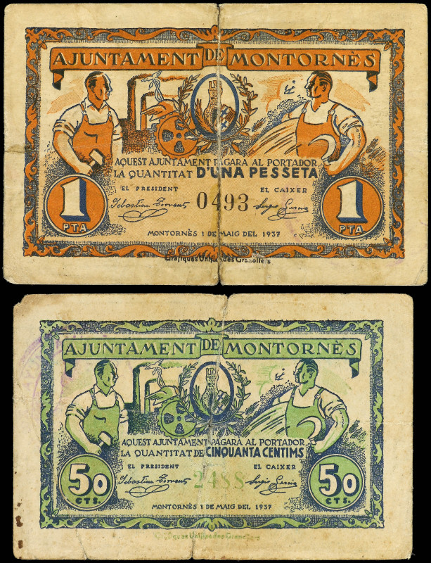 Lote 2 billetes 50 Cèntims y 1 Pesseta. 1 Maig 1937. Aj. de MONTORNÈS. ESCASOS. ...