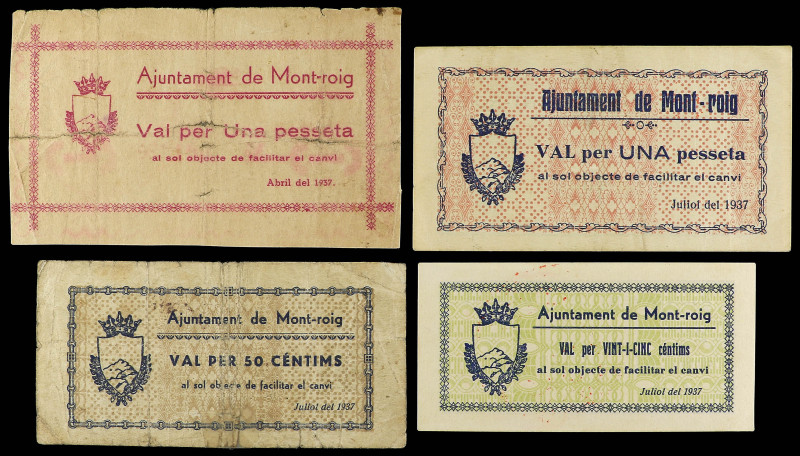 Lote 4 billetes 25, 50 Cèntims y 1 Pesseta (2). Abril y Juliol 1937. Aj. de MONT...