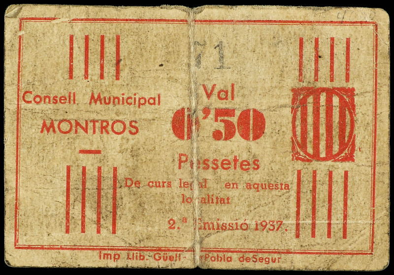 50 Cèntims. 1937. C.M. de MONTROS. Cartón. (Muy usado). MUY RARO. AT-1606; T-184...