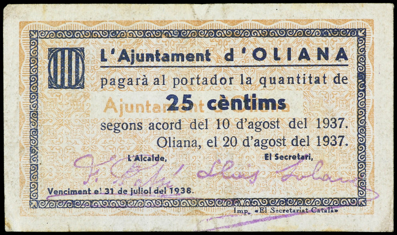 25 Cèntims. 10 Agost 1937. Aj. d´OLIANA. AT-1690. MBC+.