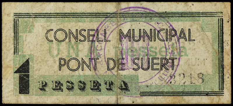 1 Pesseta. 1937. C.M. de PONT DE SUERT. (Algo sucio). ESCASO. AT-1947. MBC.