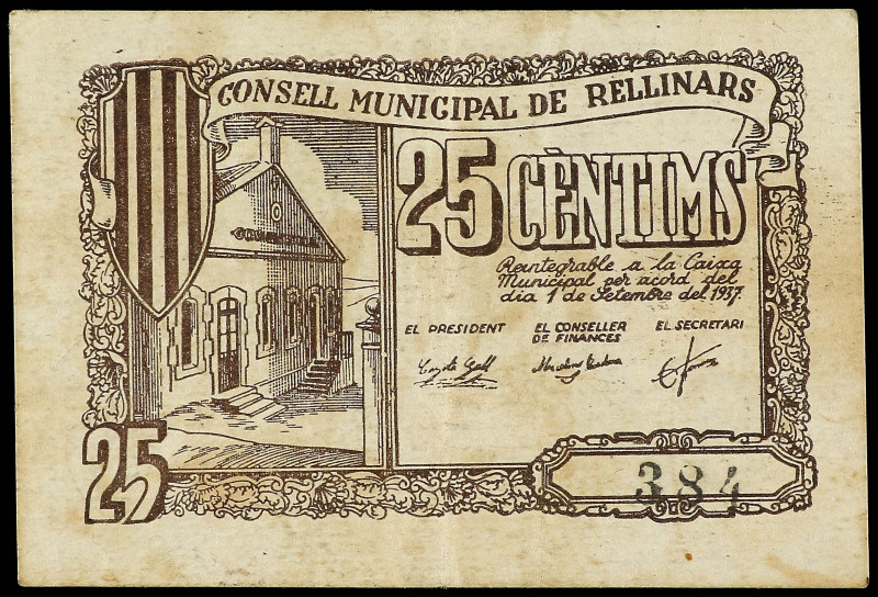 25 Cèntims. 1 Setembre 1937. C.M. de RELLINARS. (Manchas del tiempo). RARO. AT-2...