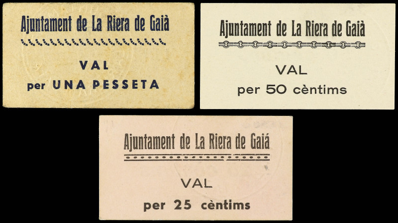 Lote 3 billetes 25 y 50 Cèntims y 1 Pesseta. Aj. de LA RIERA DE GAIÀ. Cartulina....