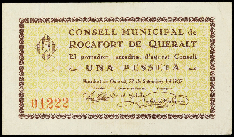 1 Pesseta. 27 Setembre 1937. C.M. de ROCAFORT DE QUERALT. ESCASO. AT-2176. MBC+.