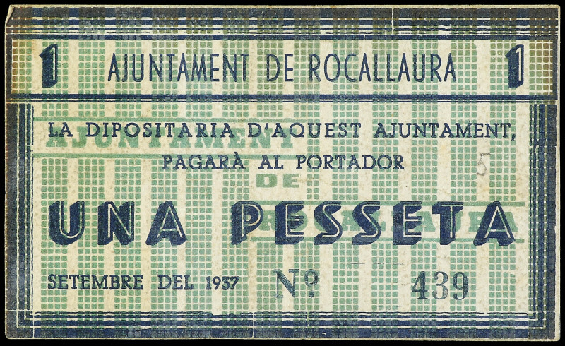 1 Pesseta. Setembre 1937. Aj. de ROCALLAURA. MUY ESCASO. AT-2182. MBC.