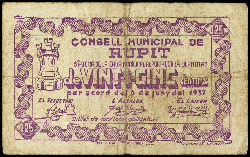 25 Cèntims. 6 Juny 1937. C.M. de RUPIT. (Sucio). ESCASO. AT-2231a. MBC-.