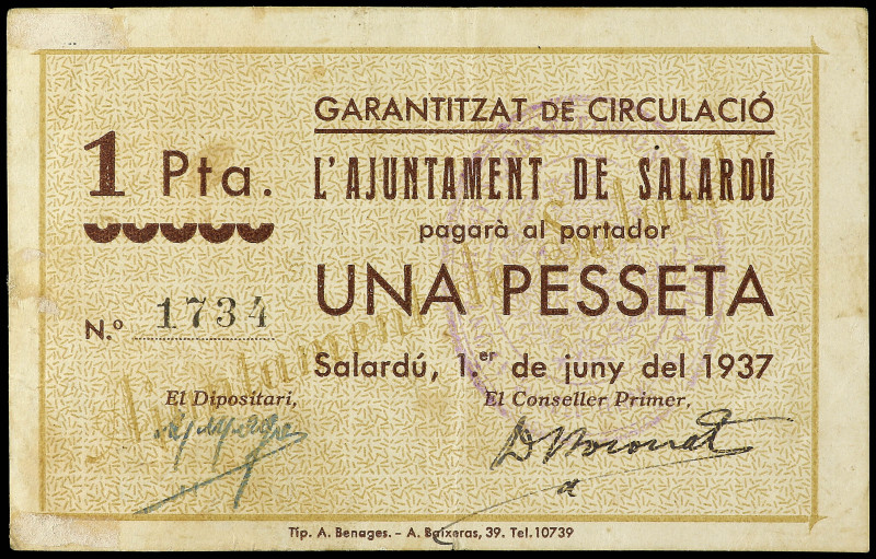 1 Pesseta. 1er Juny 1937. Aj. de SALARDÚ. (Manchitas, restos de adhesivo). RARO....