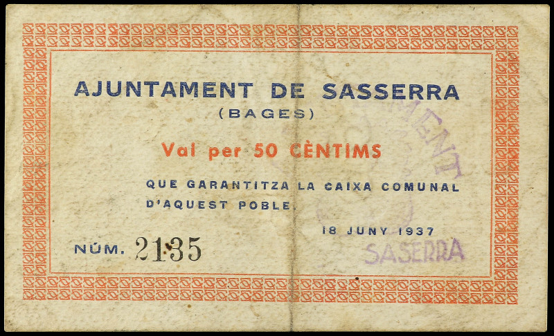 50 Cèntims. 18 Juny 1937. Aj. de SASSERRA. ESCASO. AT-2300. MBC.