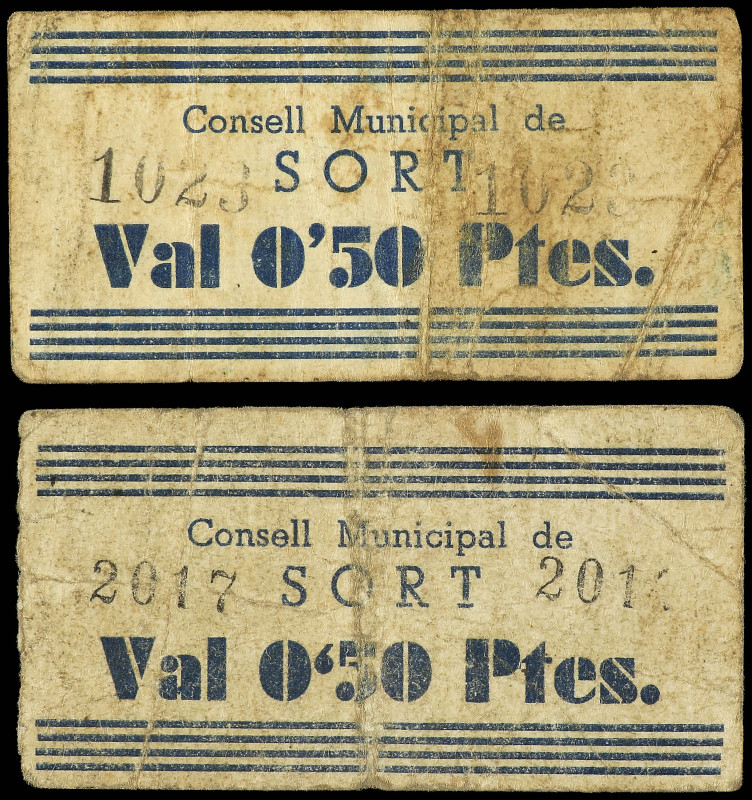 Lote 2 billetes 0, 50 Pessetes. C.M. de SORT. (Sucios). ESCASOS. AT-2396. MBC-.