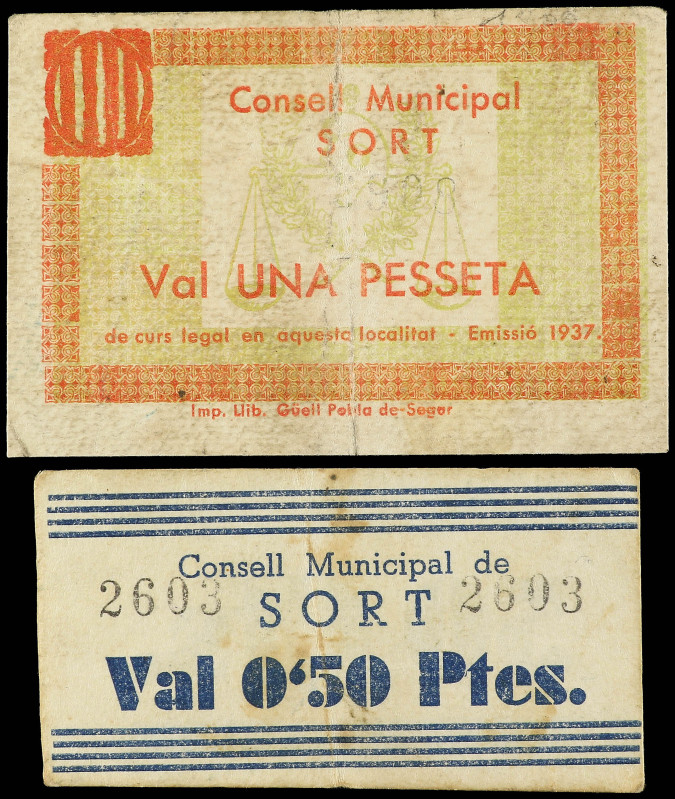 Lote 2 billetes 0, 50 y 1 Pesseta. 1937. C.M. de SORT. ESCASOS. AT-2394, 2396. M...