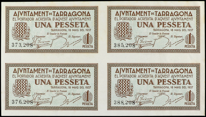 Lote 4 billetes 1 Pesseta. 18 Maig 1937. Aj. de TARRAGONA. Bloque de cuatro en p...