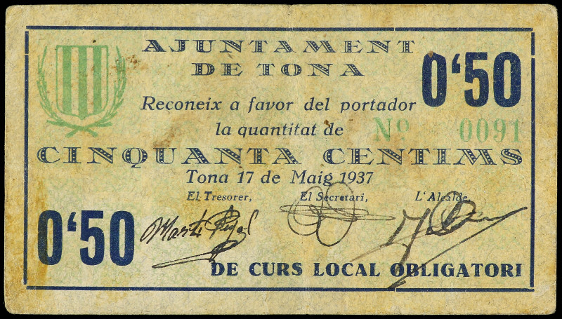 50 Céntims. 17 Maig 1937.  Aj. de TONA. cartulina. (Manchitas). AT-2500. MBC+....