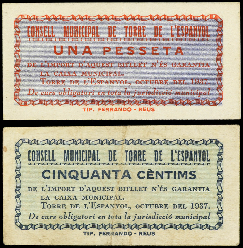 Lote 2 billetes 50 Cèntims y 1 Peseta. Octubre 1937. C.M. de TORRE DE L´ ESPANYO...